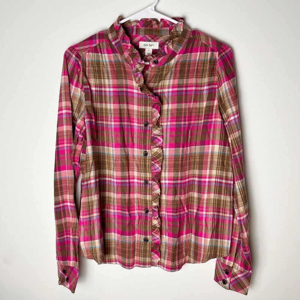 NWT On 34th Women's Festive Plaid Ruffle-Neck‎ Flannel Shirt Small 183​